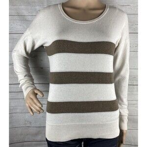 Ann Taylor LOFT Sweater XS Ivory Brown Glittery Silver Striped Thin Knit Cotton